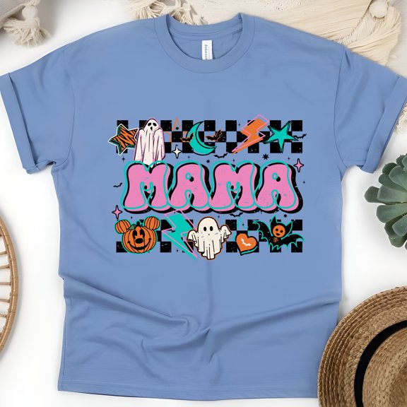 Mama Graphic T-Shirt | Cute Spooky Checkered Print Tee for Women, CarolinaBlue, Size L
