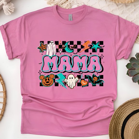 Mama Graphic T-Shirt | Cute Spooky Checkered Print Tee for Women, Heliconia, Size XL
