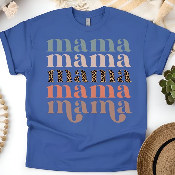 Retro Mama Text T-Shirt for Women | Leopard and Earth Tone Print Tee, Royal, Size XL