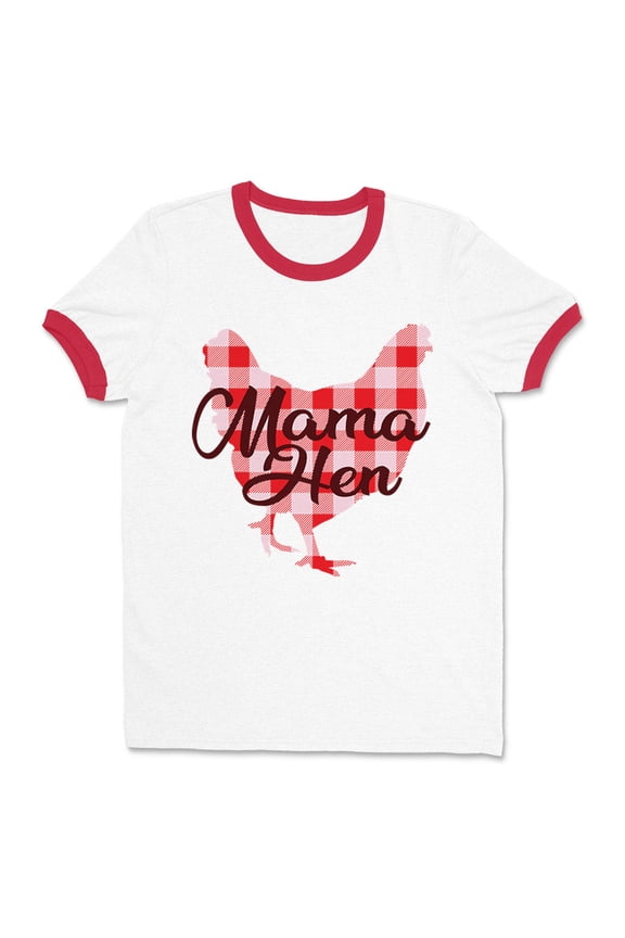 Mama Hen Ringer Tee Shirt Unisex Large White/Red
