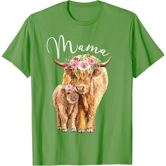 Mama Highland Cow With Baby Calf Floral Mothers Day Mom Gift Softstyle Unisex T-Shirt,Lime Color,Size L