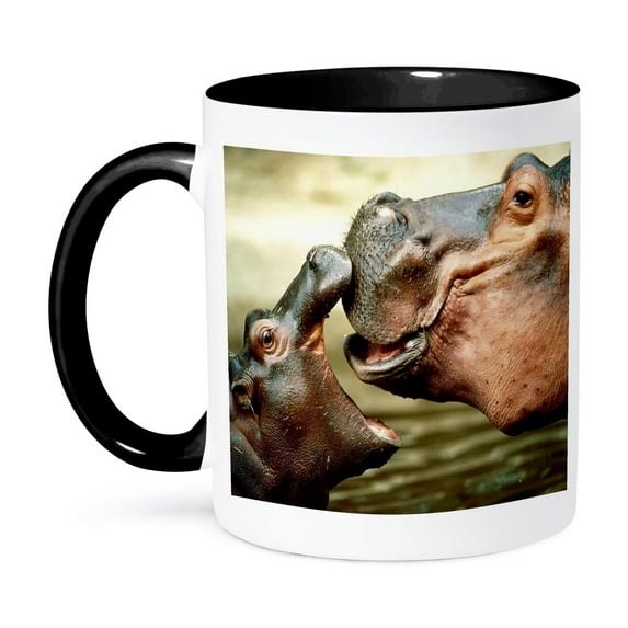 3dRose, Mama Hippo Kisses Her Baby, 11oz Two-Tone Black Mug