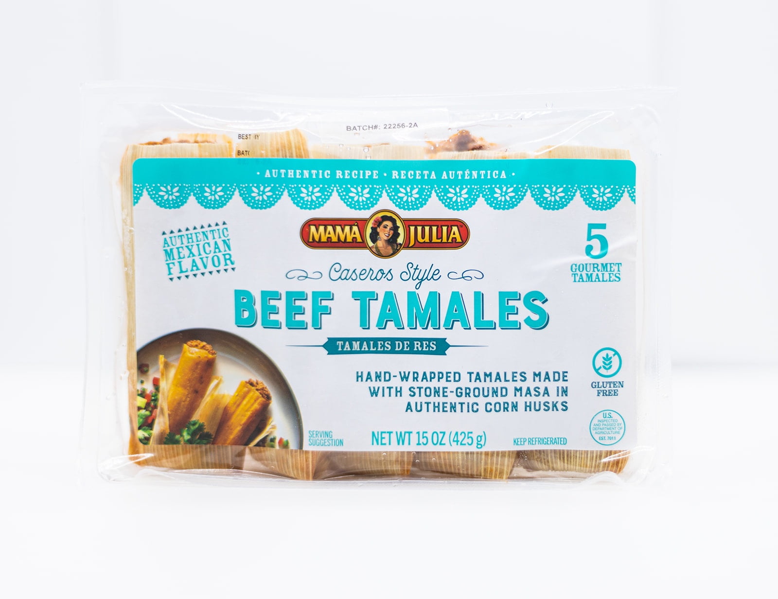 Mama Julia Authentic Beef Tamales with Stone Ground Masa, Hand Wrapped in Corn Husk, Fully Cooked, 5 Pack