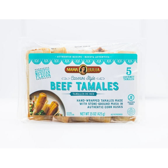 Mama Julia Authentic Beef Tamales with Stone Ground Masa, Hand Wrapped in Corn Husk, Fully Cooked, 5 Pack