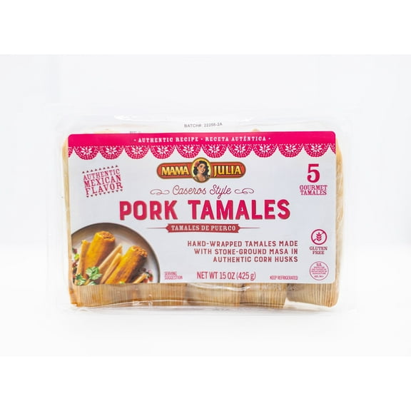 Mama Julia Authentic Pork Tamales with Stone Ground Masa, Hand Wrapped in Corn Husk, Fully Cooked, 5 Pack