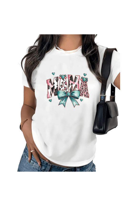 Mama Leopard Bow Print Tshirt Graphic Tees Shirts White Cute Mothers Day Gift S-5XL Womens Tops