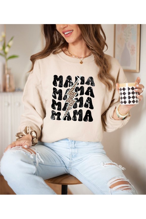 Mama Leopard Lightning Bolt Sweatshirt - Distressed Mom Apparel