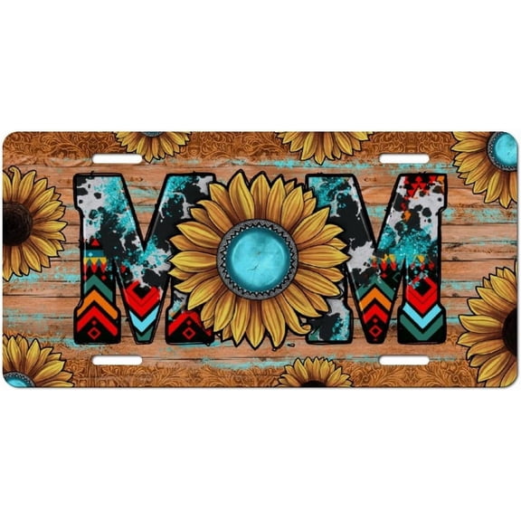 Mama License Plate, Aluminum Decorative Front License Plate for Women, Rustic Sunflower Turquoise Western Car Tag for Mom Truck SUV Car, 6 x 12 Inch