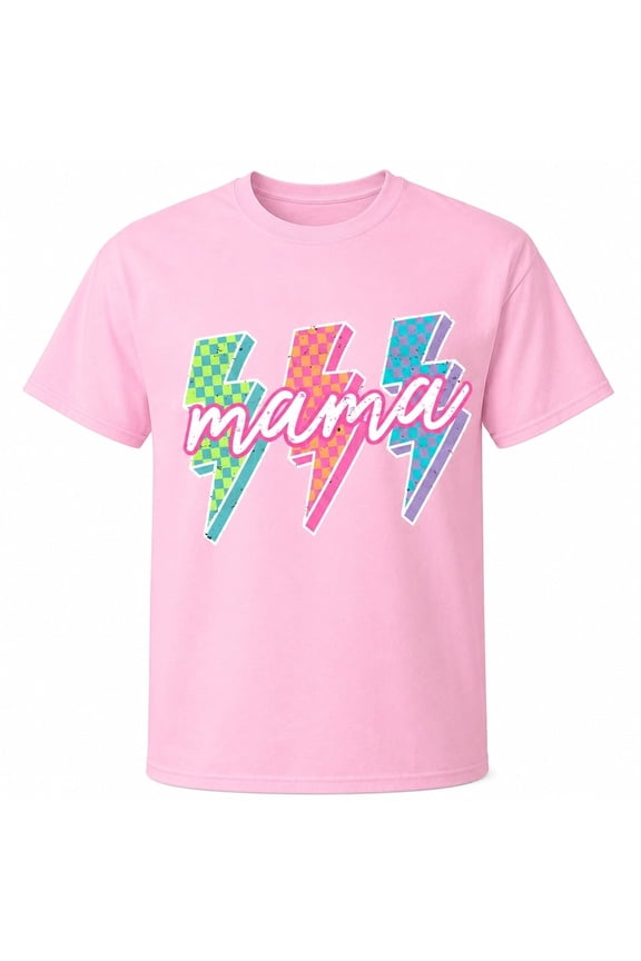Mama Lightning Bolt Graphic T-Shirt, Checkered Neon Style Unisex Classic Fit Tee