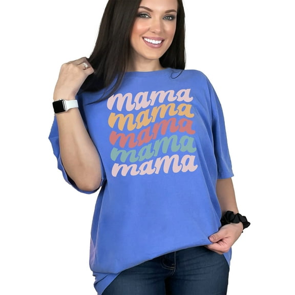 Mama, Mama, Mama, Groovy Retro Wavy Text, Flo Blue Comfort Colors T-Shirt, Large