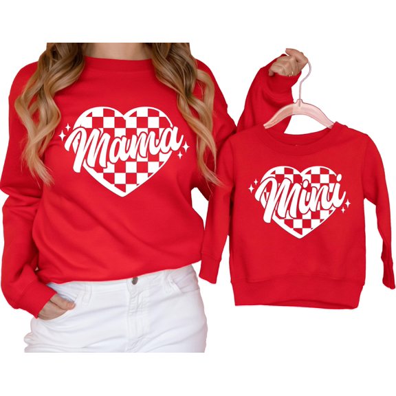 Mama Mini Matching Valentine's Day Checkered Heart Sweatshirt for Kids and Adults Red Sweatshirt Youth Large