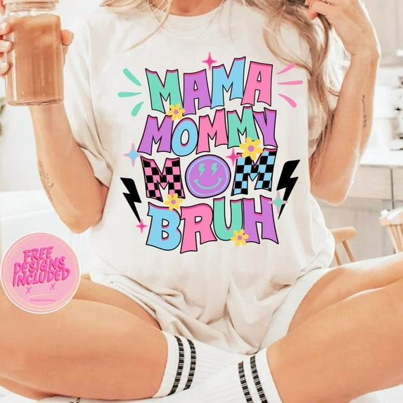 Mama Mommy Mom Bruh T-Shirt, Retro Flower Mom Life Tee, Funny Lightning Bolt Mother’s Day Shirt, Trendy Mama Graphic Tee