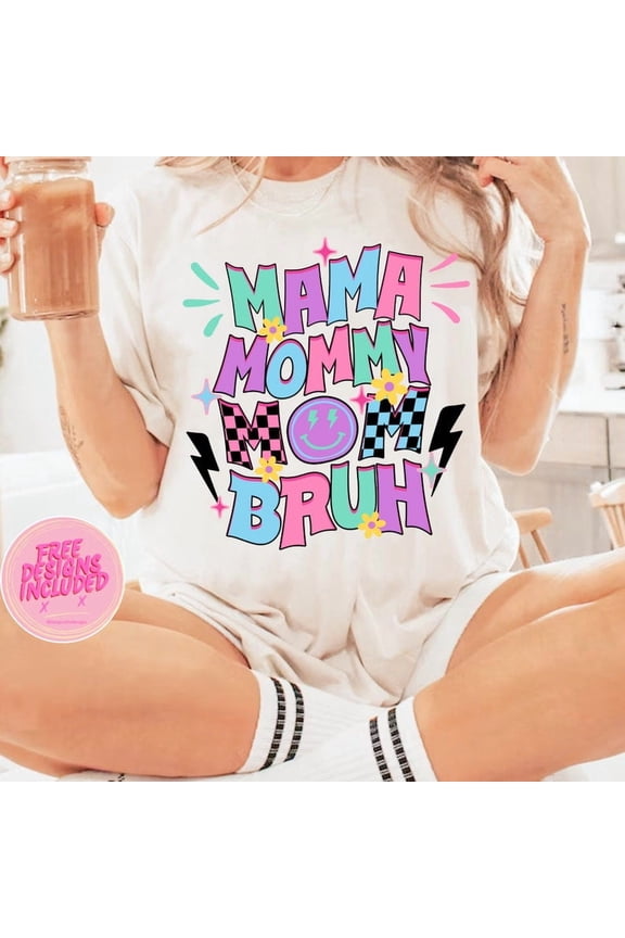 Mama Mommy Mom Bruh T-Shirt, Retro Flower Mom Life Tee, Funny Lightning Bolt Mother’s Day Shirt, Trendy Mama Graphic Tee