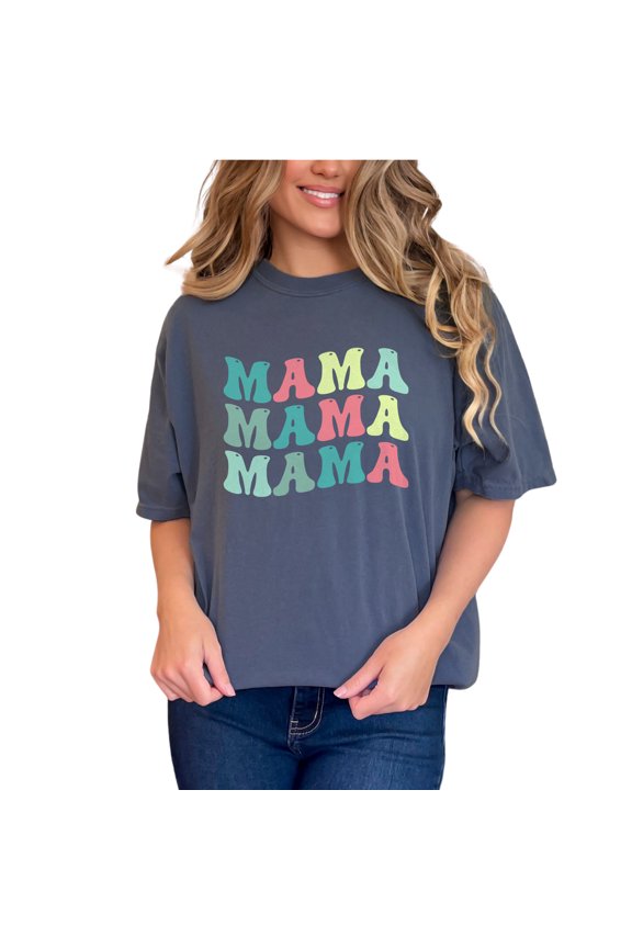 Mama, Mother Themed, Groovy Retro Wavy Text, Denim Comfort Colors T-Shirt, Small