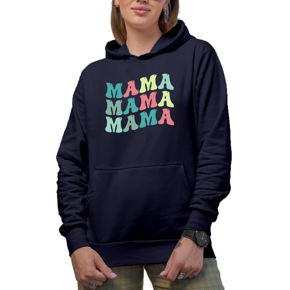 Mama, Mother Themed, Groovy Retro Wavy Text Merch Gift, Navy Blue Hooded Sweatshirt or Hoodie, Medium