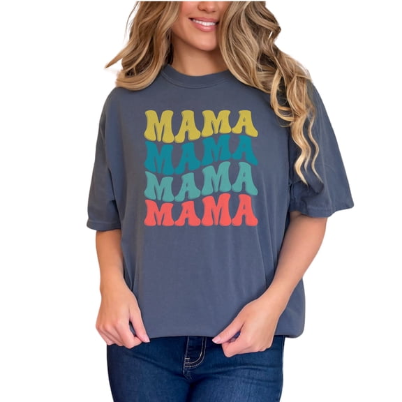Mama, Mother's Day or Birthday, Groovy Retro Wavy Text, Denim Comfort Colors T-Shirt, XL