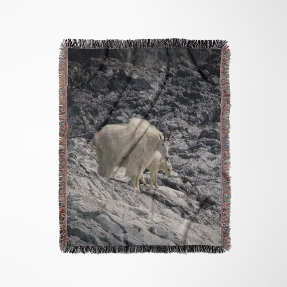 Mama Mountain Goat And Kid Find Footing At Gloomy Knob, Glacier Bay., Woven Blanket
