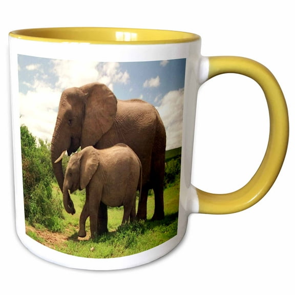 3drose, Mama N Baby Elephants in Wild, 11oz Two-tone Yellow Mug