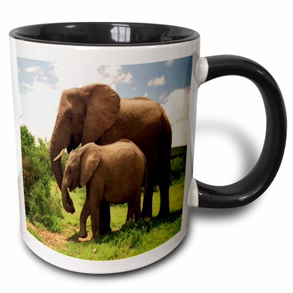 3drose, Mama N Baby Elephants in Wild, 15oz Two-tone Black Mug