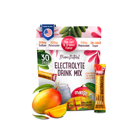 Mama Natural Electrolytes  Hydration Support for Moms, Pregnancy, Breastfeeding & Beyond - 30 Hydration Packets (30 Sticks, Mango)