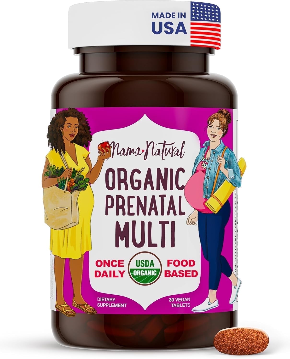 Mama Natural Organic Prenatal Vitamins for Women Vegan (30 Servings) | One A Day Prenatal Vitamins for Pregnant Women | Food Based, Non-GMO & Gluten-Free - Pre Natal Multivitamin with Folate