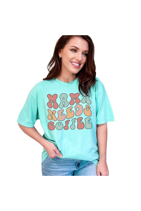 Mama Needs Coffee Graphic T-Shirt, Retro Style Statement Tee, Fun Quirky Print, Coffee Lovers Gift, Vintage Inspired Casual Shirt, Chalky Mint Comfort Colors T-Shirt, Small