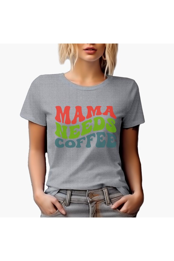 Mama Needs Coffee, Groovy Retro Wavy Text Merch Gift, Heather Grey T-Shirt, Medium