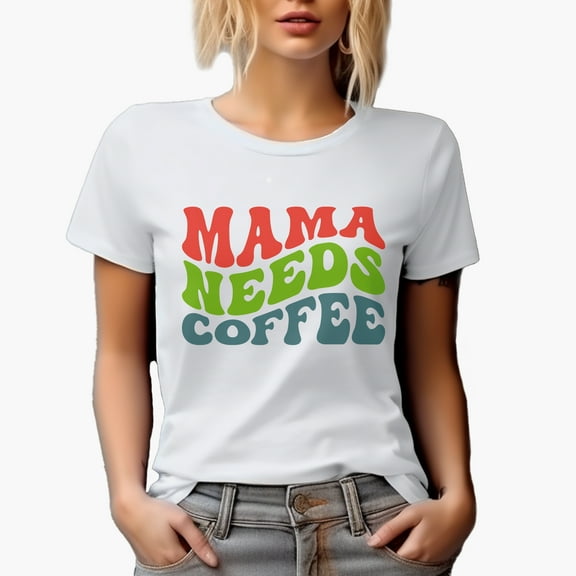 Mama Needs Coffee, Groovy Retro Wavy Text Merch Gift, White T-Shirt, Small