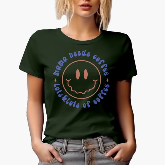 Mama Needs Coffee, Lots & Lots of Coffee, Retro Smiling Face Art Merch Gift, Military Green T-Shirt, Medium