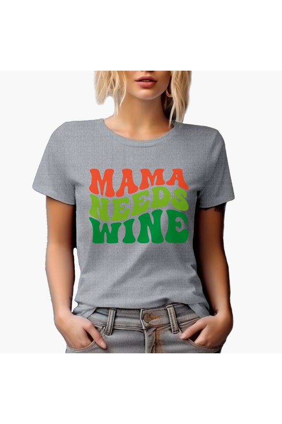 Mama Needs Wine, Groovy Retro Wavy Text Merch Gift, Heather Grey T-Shirt, Medium