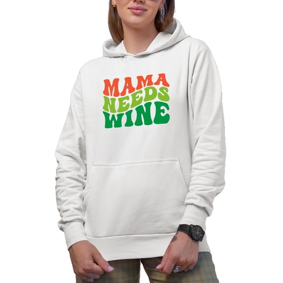 Mama Needs Wine, Groovy Retro Wavy Text Merch Gift, White Hooded Sweatshirt or Hoodie, Large