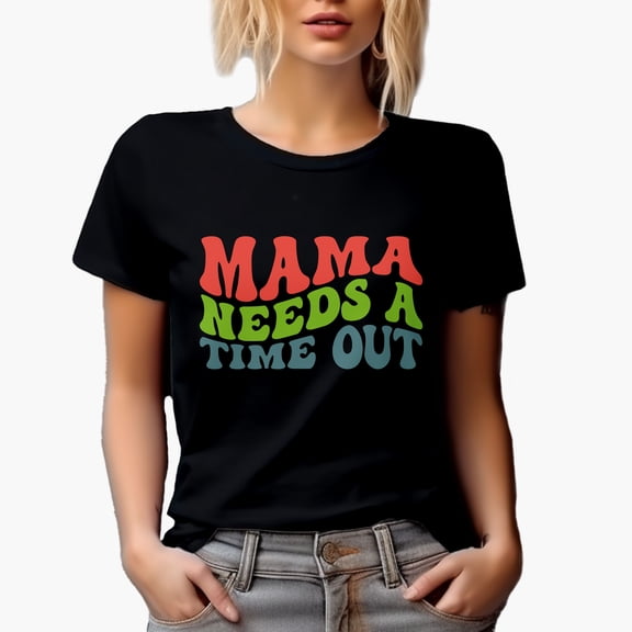 Mama Needs a Time Out, Rest or Vacation for a Mom Quote, Groovy Retro Wavy Text Merch Gift, Black T-Shirt, Small