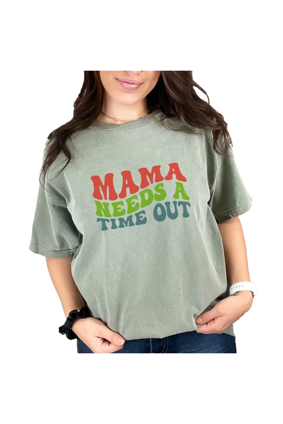 Mama Needs a Time Out, Rest or Vacation for a Mom Quote, Groovy Retro Wavy Text, Moss Comfort Colors T-Shirt, 2XL