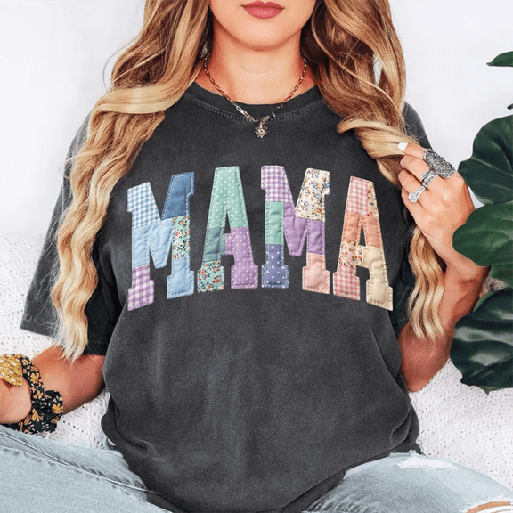 Mama Patchwork Faux Fabric Graphic T-Shirt