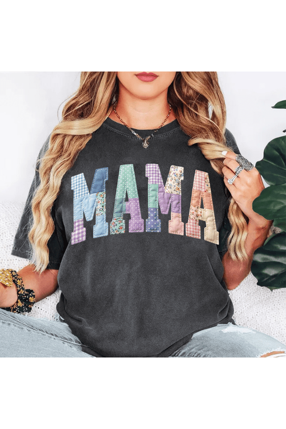 Mama Patchwork Faux Fabric Graphic T-Shirt