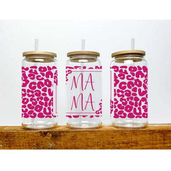 Mama Print Leopard Iced Coffee Cup Glass - Trendy Glass Jar - Mom's Gifts