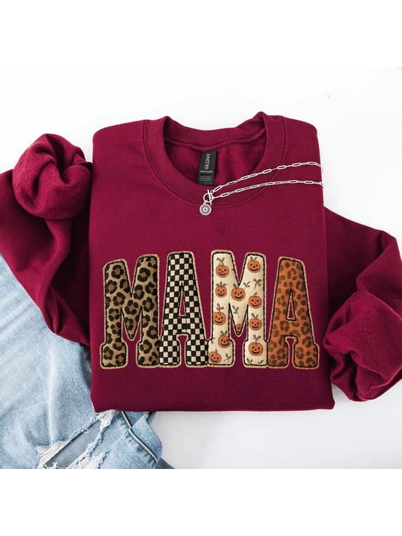 Mama, Printed Halloween Pattern, Leopard Print, Checkered, Pumpkin Sweatshirt, Spooky, Witch, Pumpkin, Halloween, Crew Neck, Women's, Crewneck