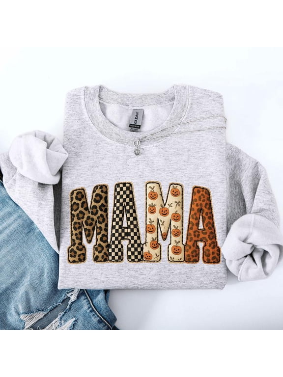 Mama, Printed Halloween Pattern, Leopard Print, Checkered, Pumpkin Sweatshirt, Spooky, Witch, Pumpkin, Halloween, Crew Neck, Women's, Crewneck
