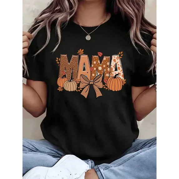 Mama Pumpkin Bow Graphic Tee Autumn Fall Design Women Mom Casual Wear Holiday Gift Cotton Men's Women's Tee Shirt