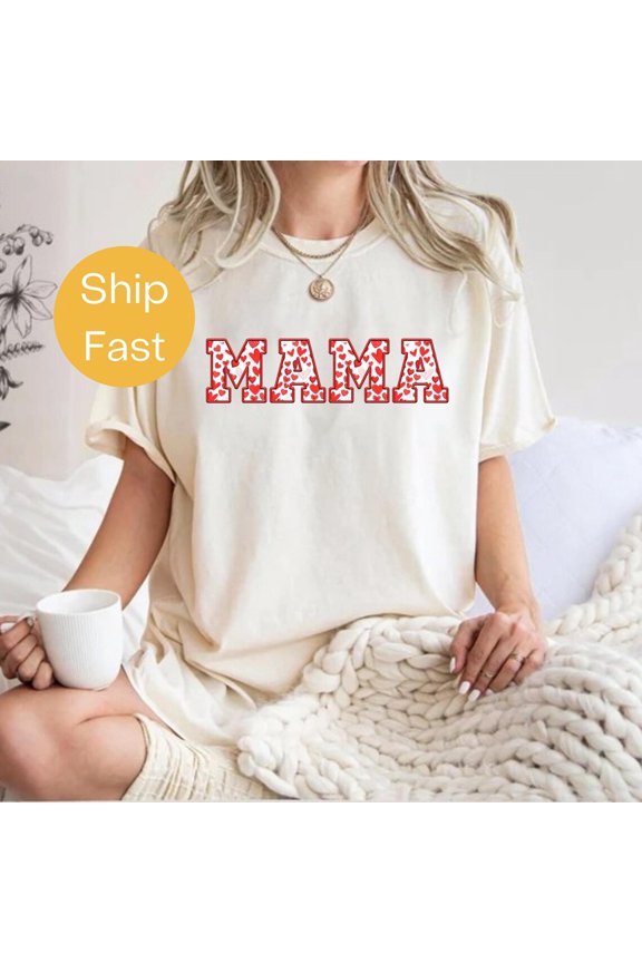 Mama Red Heart Letters Valentine Mom Heart Print Mama T-Shirt All Size S-3XL