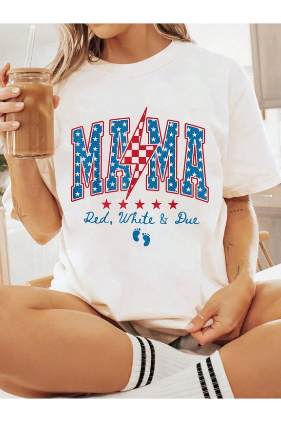 Mama Red White And Due 4Th Of July Pregnancy Announcement T-Shirt, Summer Outfits For Women