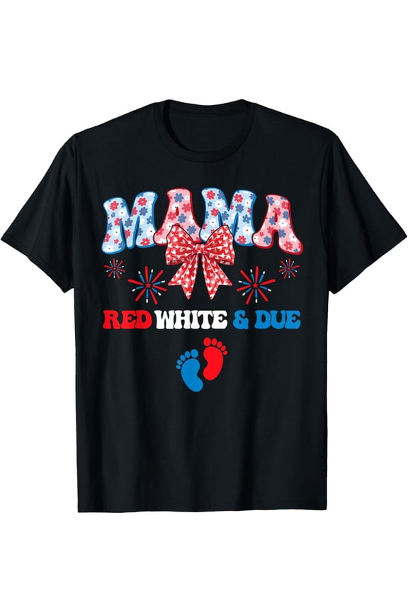 Mama Red White And Due 4Th Of July Pregnancy Reveal Floral T-Shirt Unisex S-5Xl Hot Trending Shirt, Vintage Birthday Gift