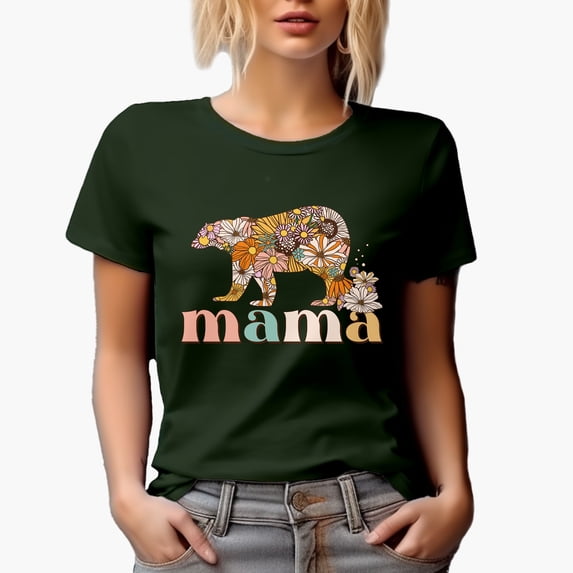 Mama & Retro Bear & Flowers Art Merch Gift, Military Green T-Shirt, Small