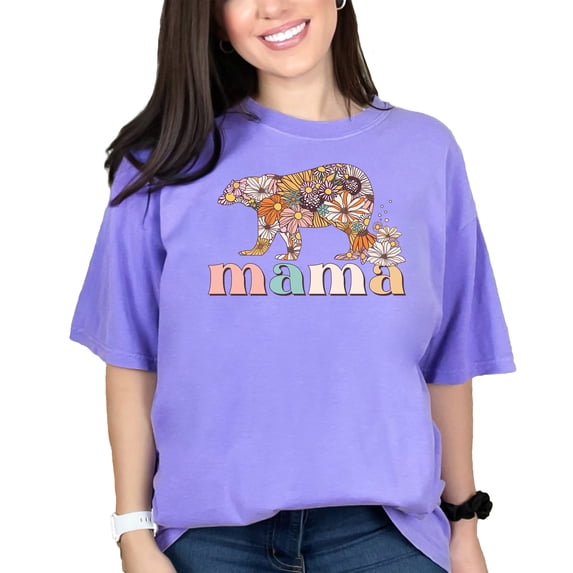 Mama & Retro Bear & Flowers Art, Violet Comfort Colors T-Shirt, 3XL