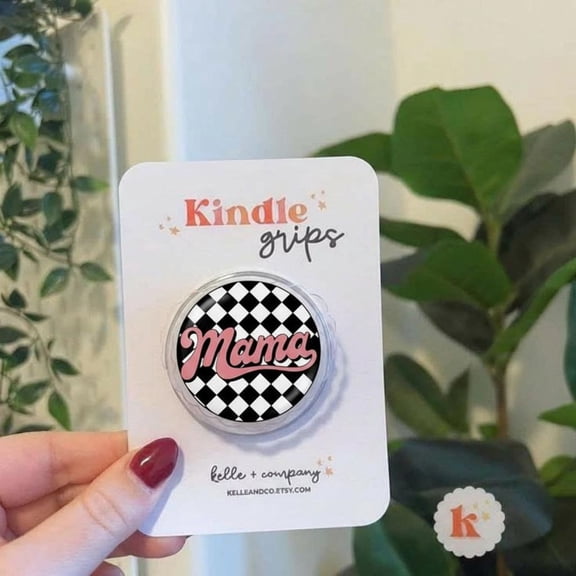 Mama Retro Checkered Phone Grip, Black White Diamond Phone Holder, Magnetic Phone Holder Grip, Mother's Day Gift, Pink Mama, Gift for Mom