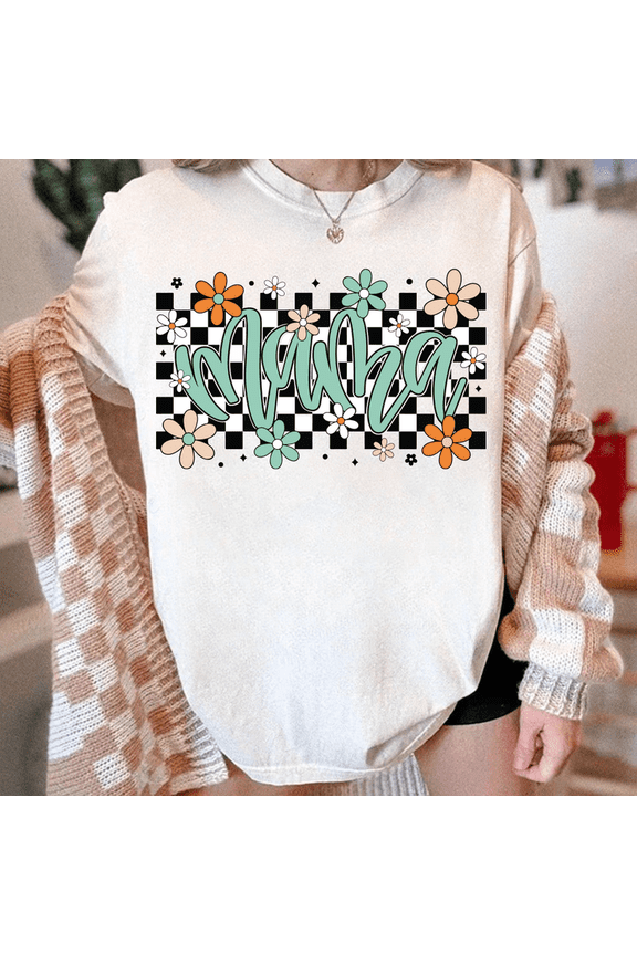 Mama Retro Floral Checkerboard Graphic Tee