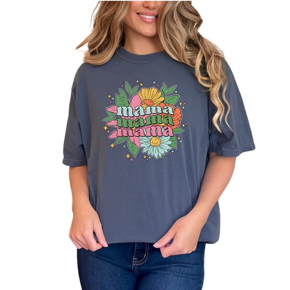 Mama Mama Mama Retro Flower Graphic T-Shirt, Cute Floral Design Tee, Vintage Style Shirt, Mother's Day Gift, Fun Summer Top, Denim Comfort Colors T-Shirt, XL