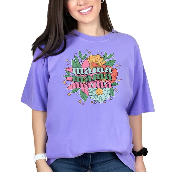 Mama Mama Mama Retro Flower Graphic T-Shirt, Cute Floral Design Tee, Vintage Style Shirt, Mother's Day Gift, Fun Summer Top, Violet Comfort Colors T-Shirt, Large