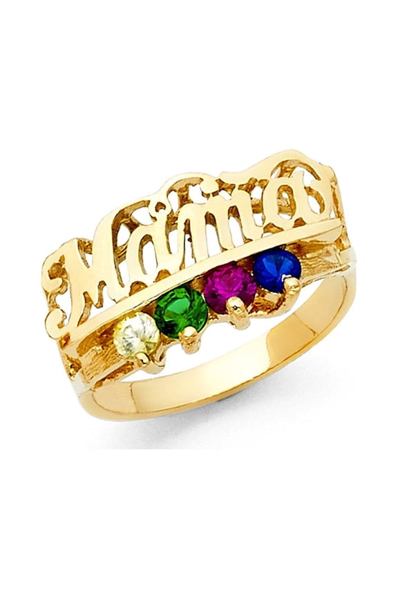Mama Ring CZ Solid 14k Yellow Gold Mothers Band Four Stone Multi Color Diamond Cut Stylish Fancy, Size 8