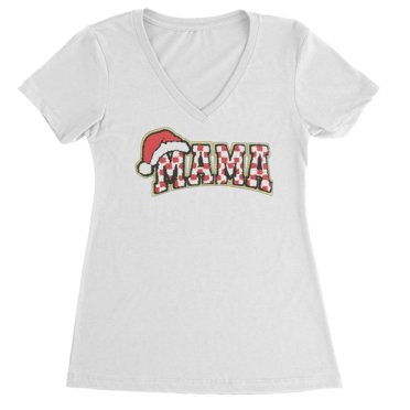 Mama Santa Hat Chenille Patch Ladies V-Neck T-shirt